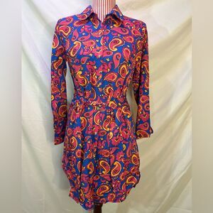 Retro Paisley Dress Pink Blue 70s Psychedelic Boho Hippie Button Up NWT Sz Small